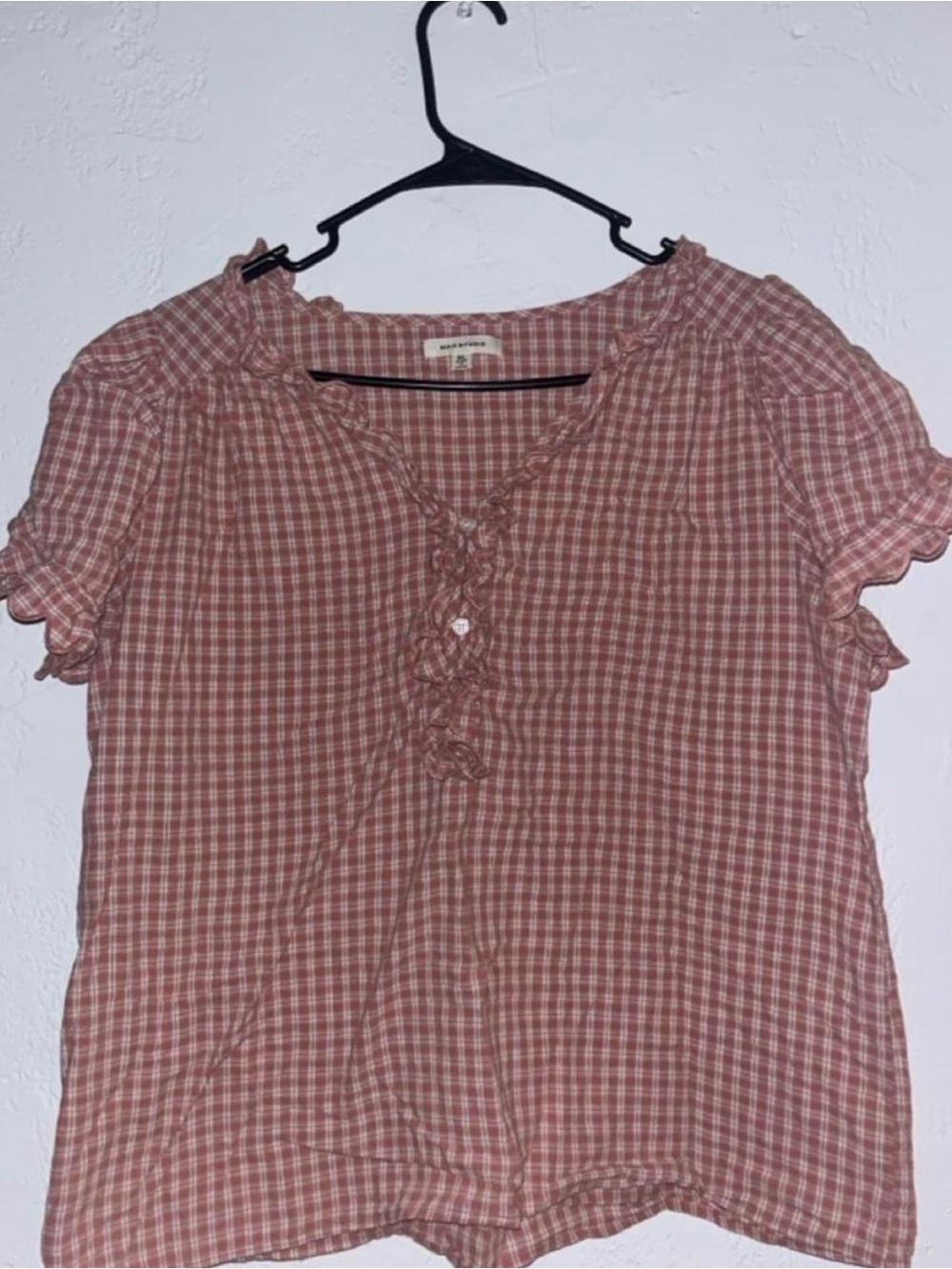 Max Studio Dusty Rose Plaid Ruffle Henley Blouse